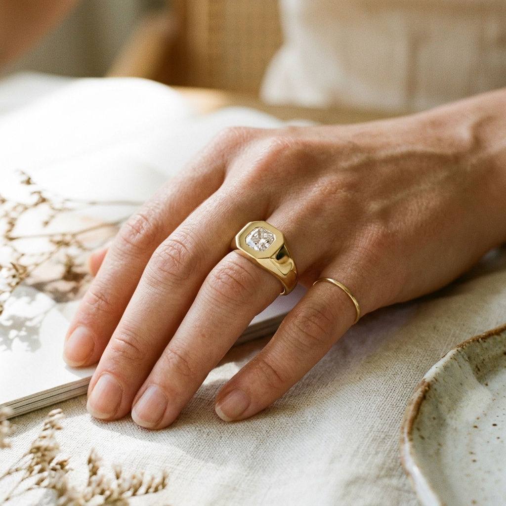 OEM 9K yellow gold lab-grown diamond signet ring manufacturer — Alpha Jewelry… OEM 9K yellow gold lab-grown diamond signet ring manufacturer — custom jewelry manufacturing photo 2