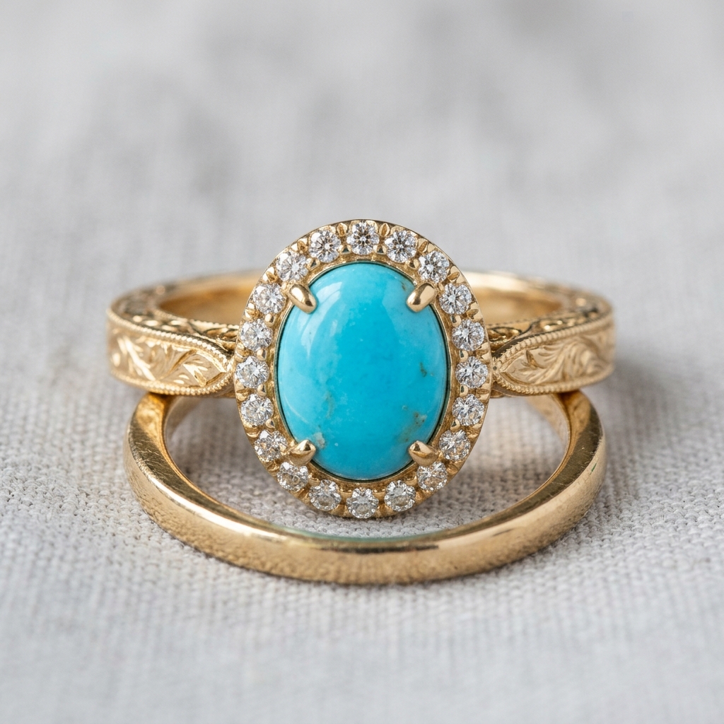 custom 10K yellow gold turquoise engagement ring — custom jewelry manufacturing photo 1