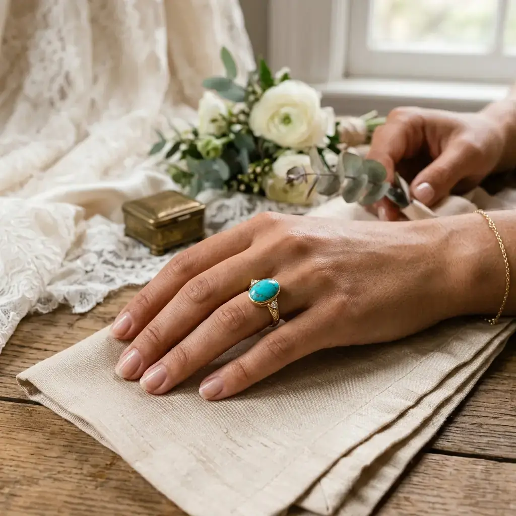 OEM 10K yellow gold turquoise engagement ring manufacturer — custom jewelry manufacturing photo 2