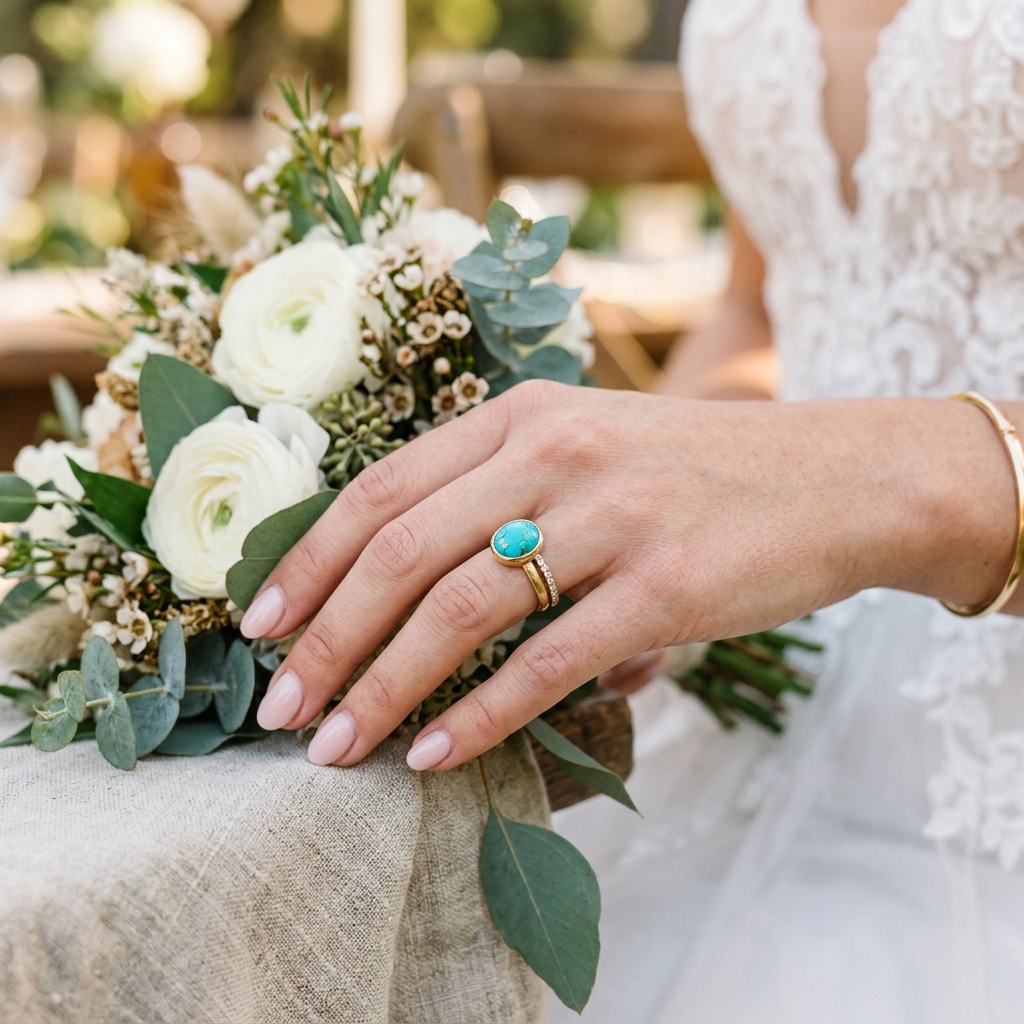 custom 10K yellow gold turquoise engagement ring — custom jewelry manufacturing photo 2