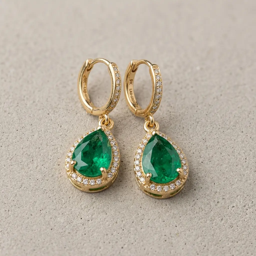 OEM 9K yellow gold lab-grown emerald drop earrings manufacturer — custom jewelry manufacturing photo 1