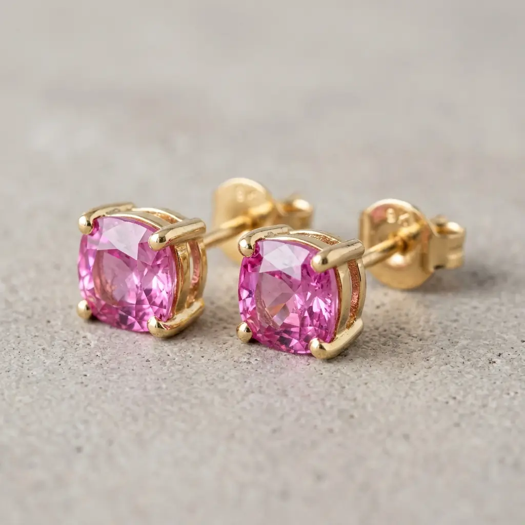 OEM 9K yellow gold pink sapphire stud earrings manufacturer — custom jewelry manufacturing photo 1