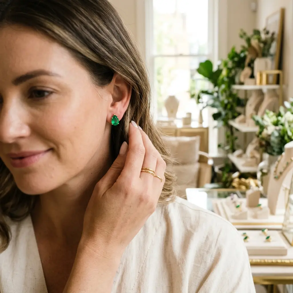 OEM 9K yellow gold lab-grown emerald stud earrings manufacturer — Alpha… OEM 9K yellow gold lab-grown emerald stud earrings manufacturer — custom jewelry manufacturing photo 2