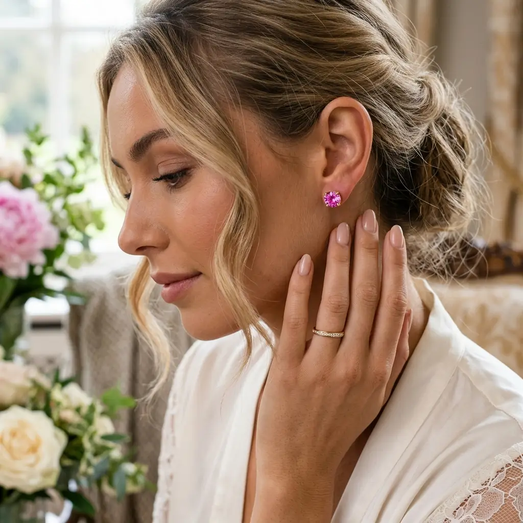 OEM 9K yellow gold pink sapphire stud earrings manufacturer — Alpha Jewelry… OEM 9K yellow gold pink sapphire stud earrings manufacturer — custom jewelry manufacturing photo 2