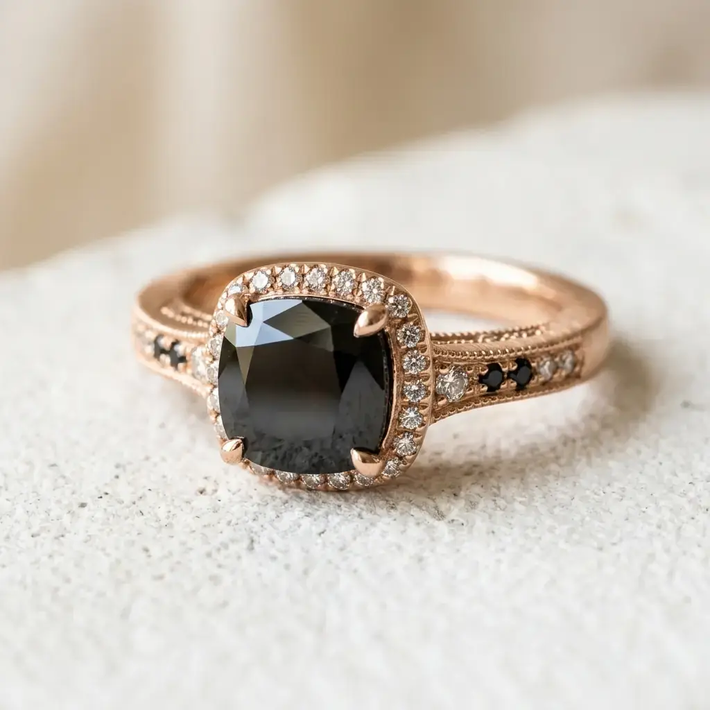 custom 10K rose gold black spinel engagement ring — custom jewelry manufacturing photo 1