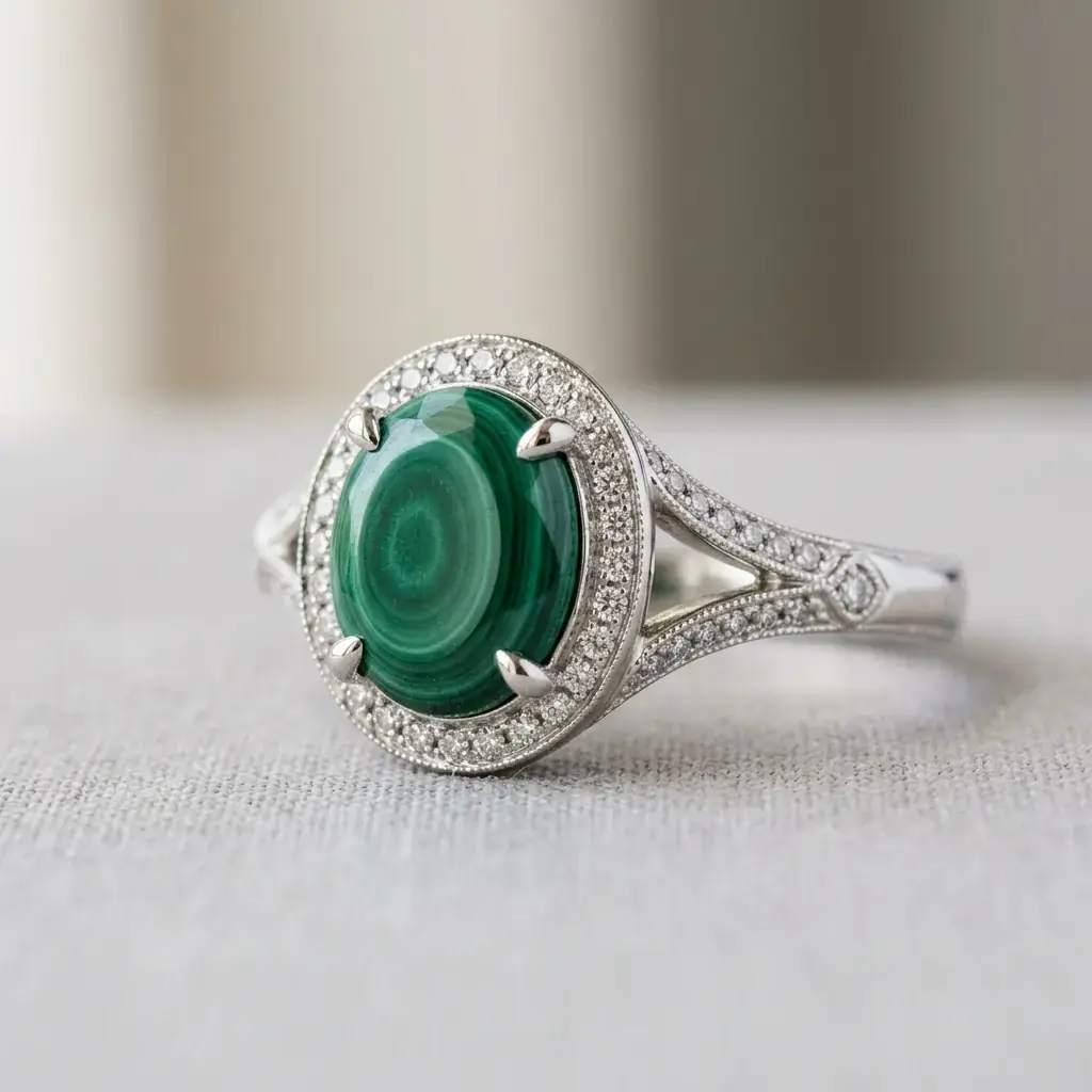 private label 10K white gold malachite engagement ring supplier — custom jewelry manufacturing photo 1