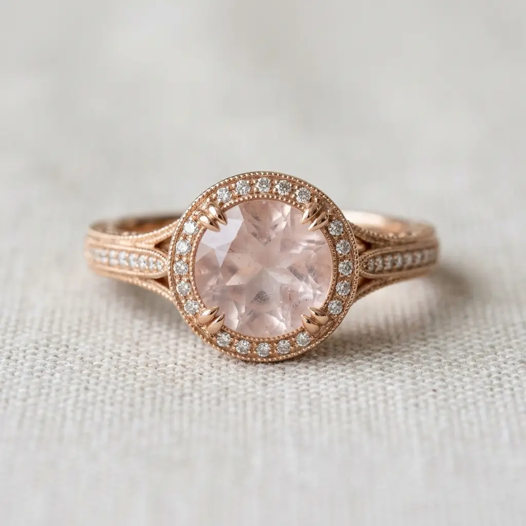 custom 10K rose gold rose quartz engagement ring — custom jewelry manufacturing photo 1