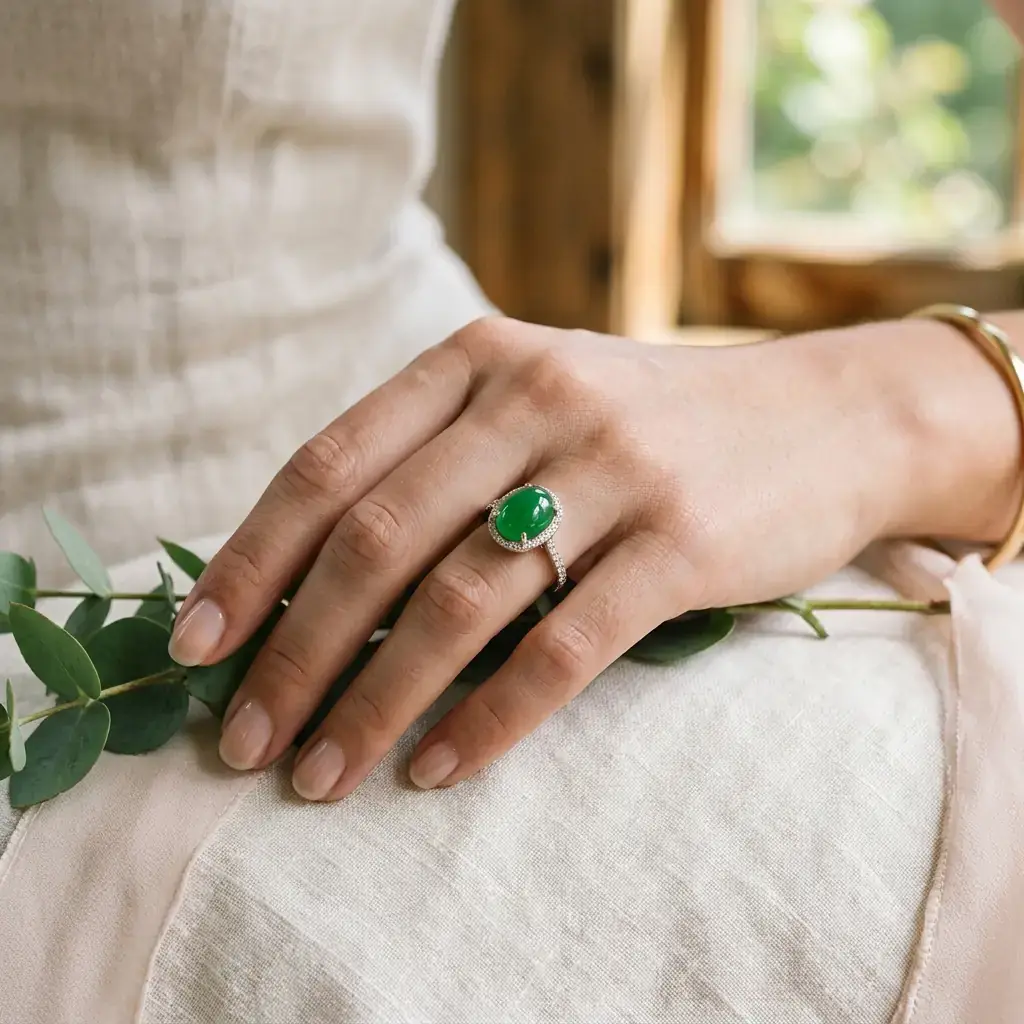 custom 10K white gold jade engagement ring — custom jewelry manufacturing photo 2