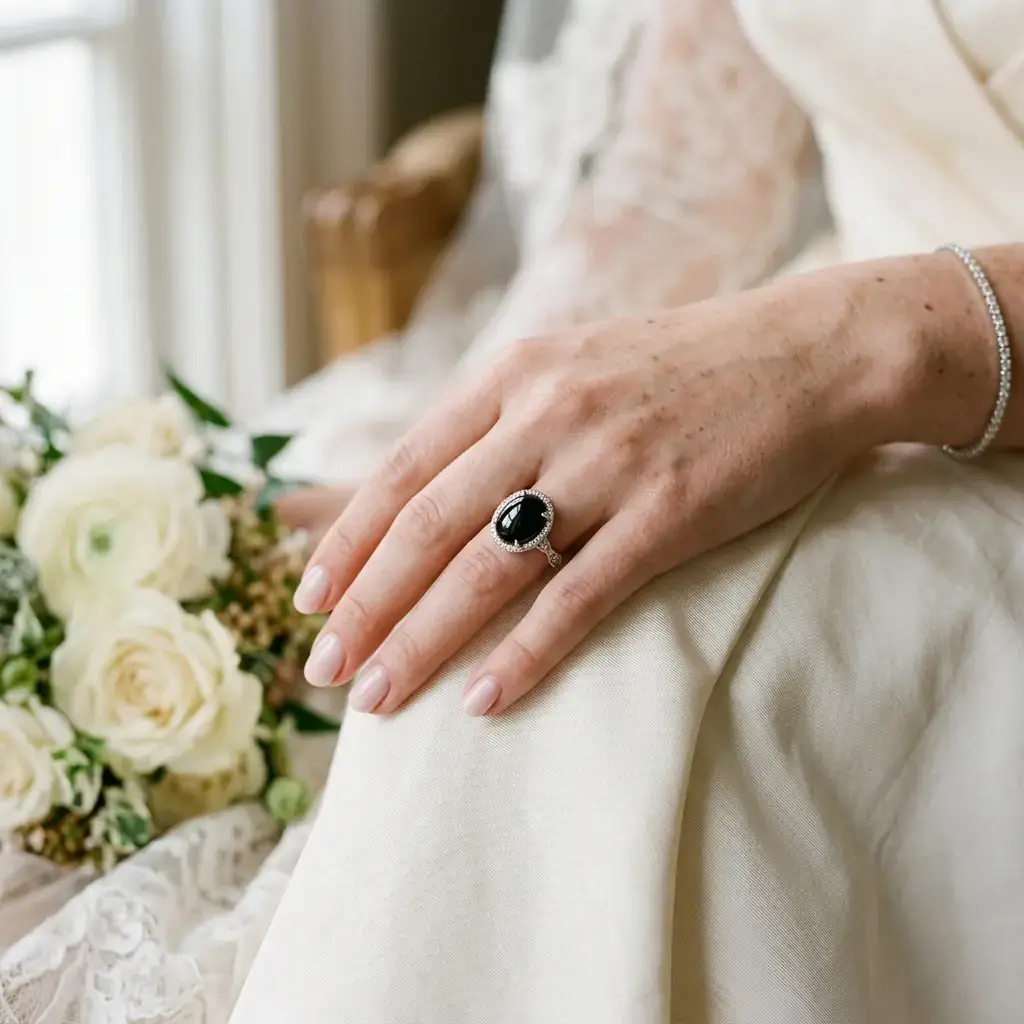 custom 10K white gold obsidian engagement ring — custom jewelry manufacturing photo 2