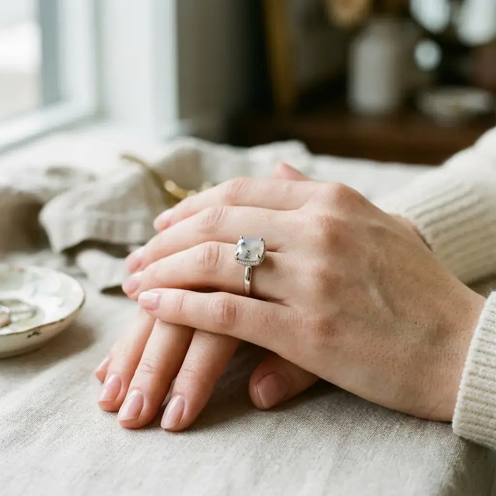 custom 10K white gold agate engagement ring — custom jewelry manufacturing photo 2