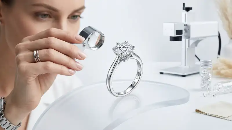 Inspecting a lab-grown diamond solitaire ring with a loupe at the Alpha Jewelry factory