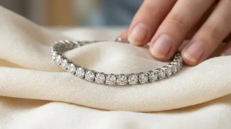 Custom diamond tennis bracelet on ivory fabric