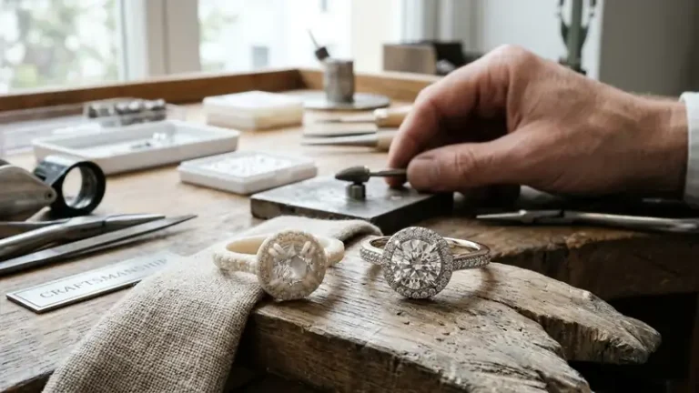 Jeweler setting stones by hand at the Alpha Jewelry workbench — OEM / ODM fine jewelry production