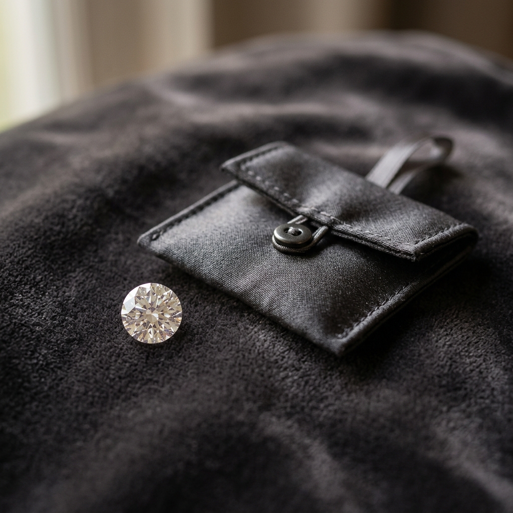 Loose white memorial diamond with keepsake pouch — ashes to diamond service