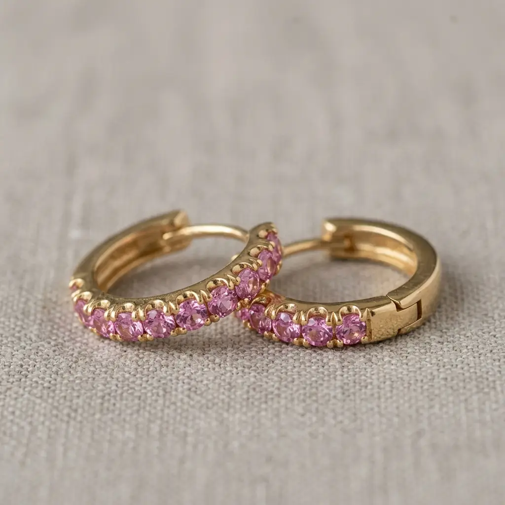 OEM 9K yellow gold pink sapphire huggie earrings manufacturer — custom jewelry manufacturing photo 1