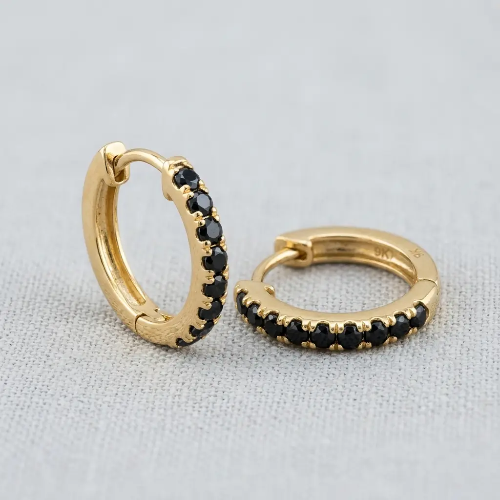 private label 9K yellow gold black spinel huggie earrings supplier — custom jewelry manufacturing photo 1
