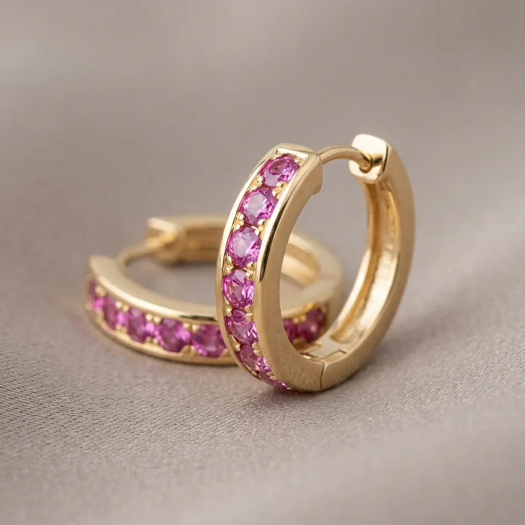 OEM 9K yellow gold pink sapphire hoop earrings manufacturer — custom jewelry manufacturing photo 1