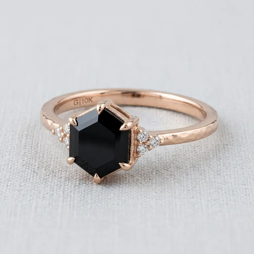 custom 10K rose gold obsidian engagement ring — custom jewelry manufacturing photo 1