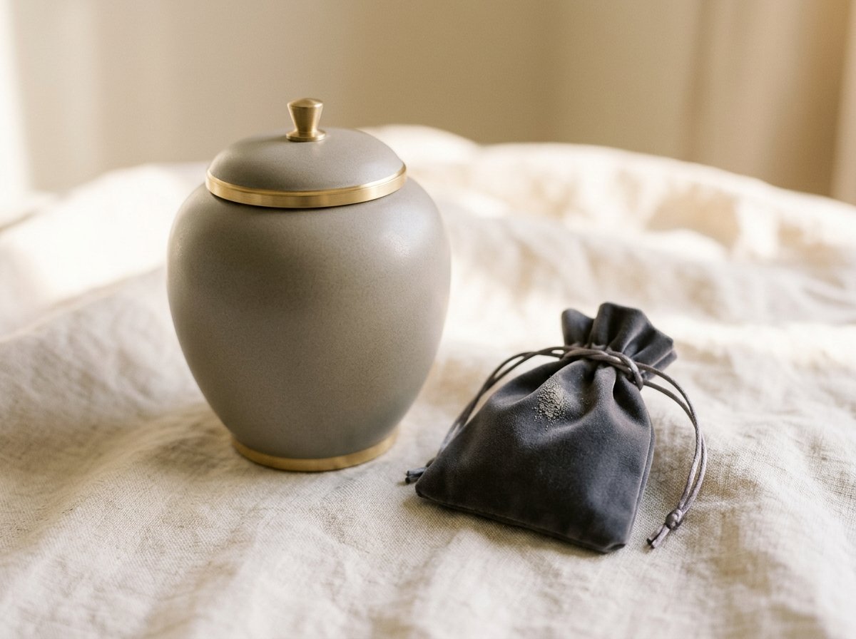 Elegant sealed cremation ashes urn and pouch — ashes to diamond memorial material