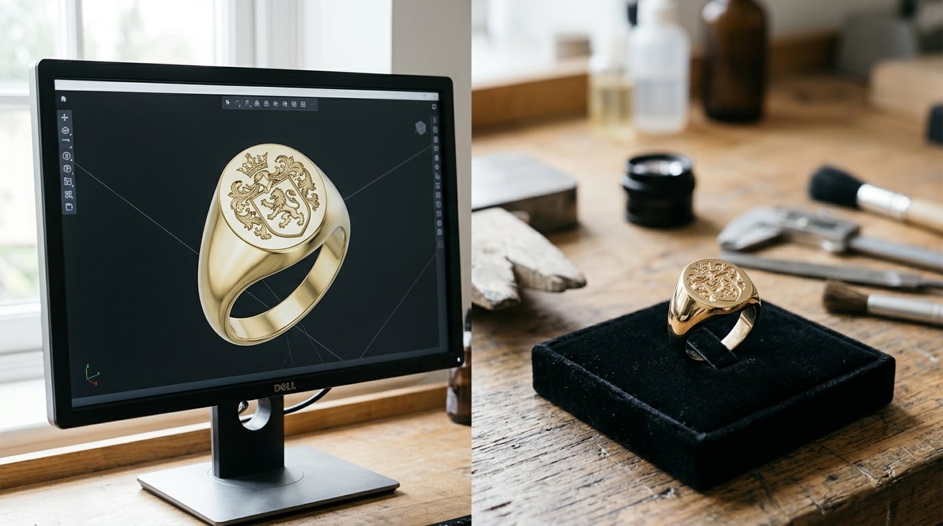 From CAD design to finished yellow gold family crest signet ring