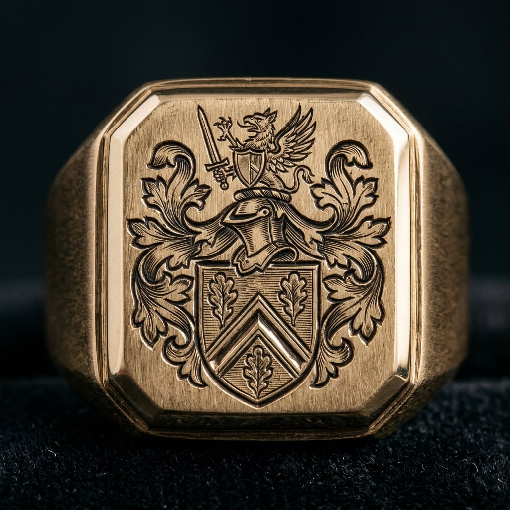 Macro detail of deep intaglio family crest engraving on a gold signet ring