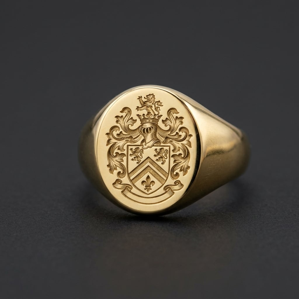 Yellow gold family crest signet ring with engraved heraldic crest by Alpha Jewelry