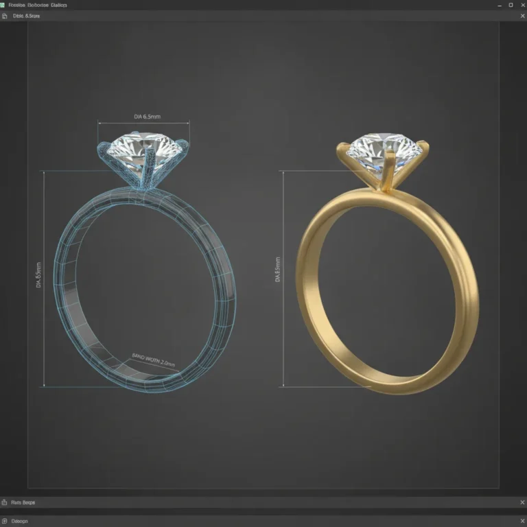 3D CAD wireframe and gold render of a solitaire engagement ring