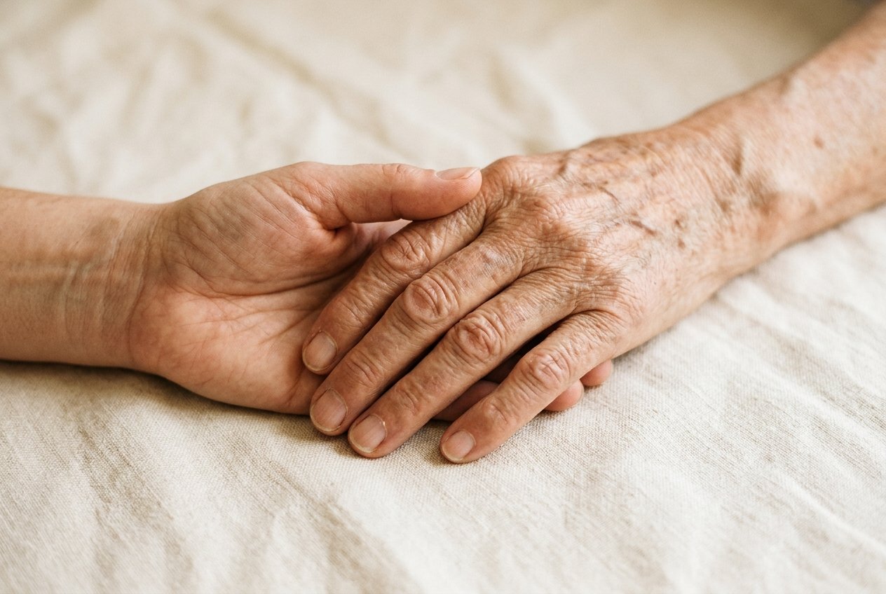 Elderly parent and adult child holding hands — memorial diamond keepsake moment