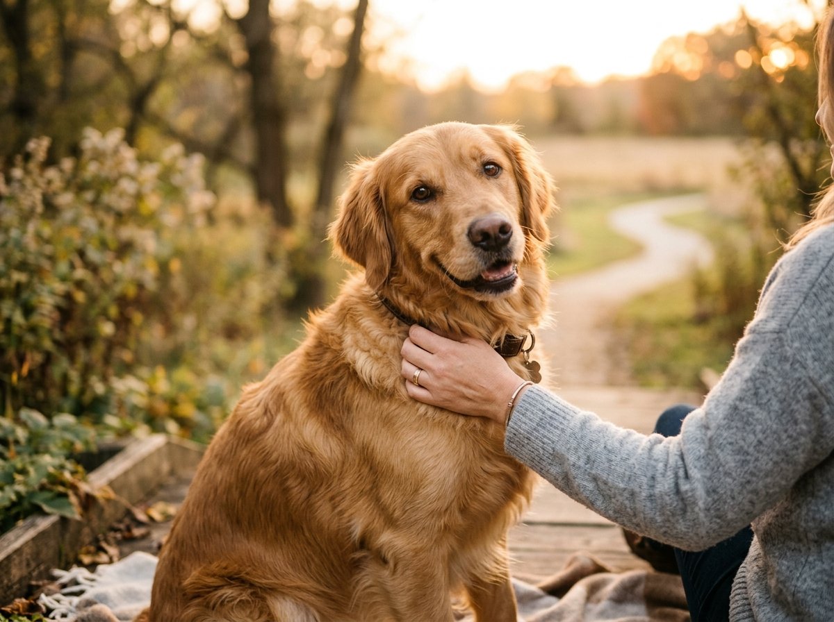 Cute golden retriever with owner hand — pet memorial diamond emotional photo