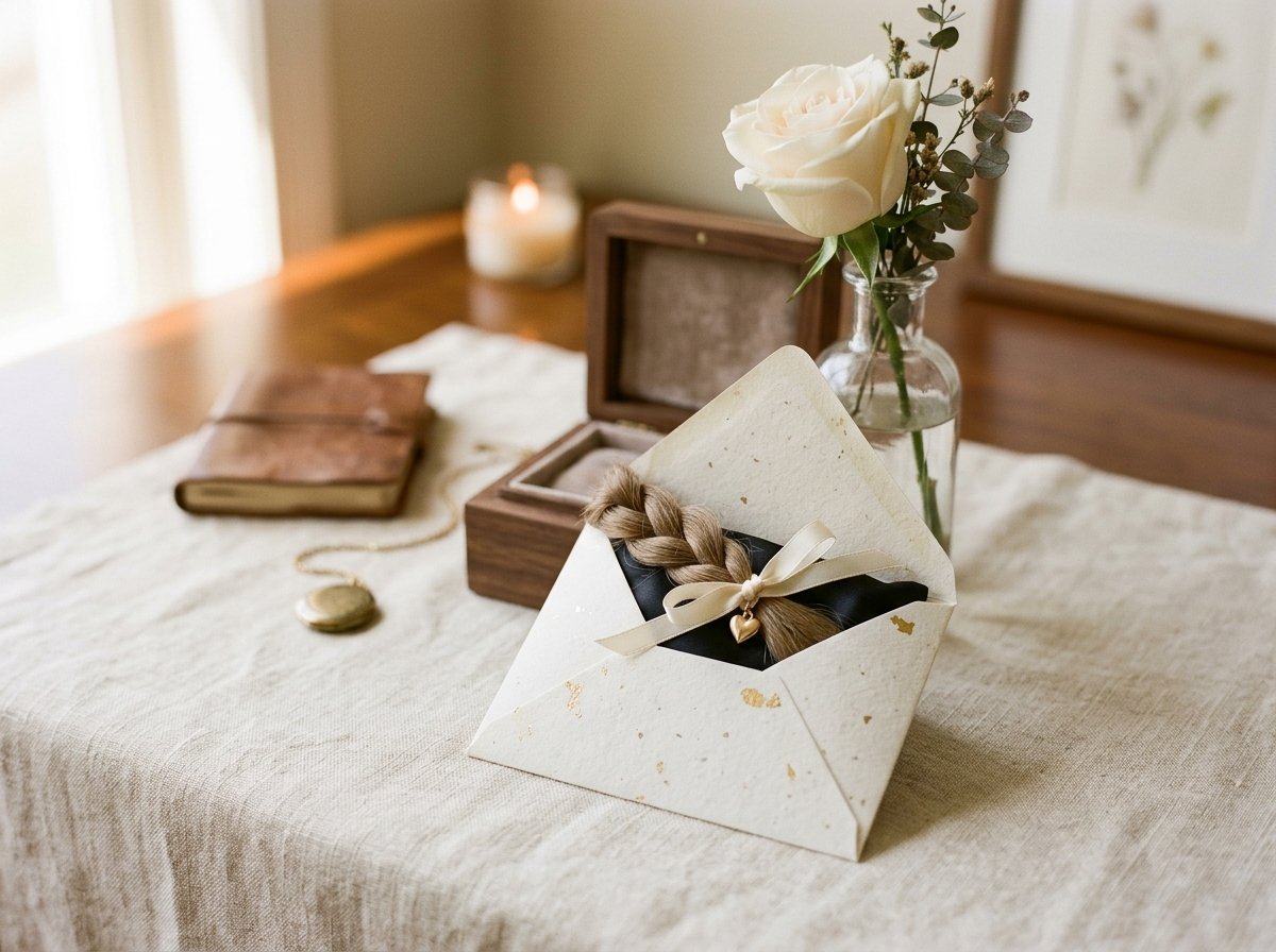 Lock of hair in keepsake envelope with silk ribbon — hair to diamond memorial material