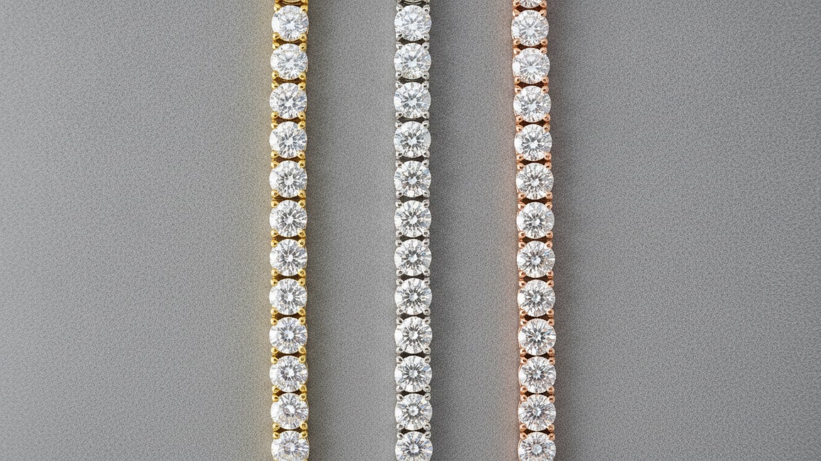Yellow, white, and rose gold diamond tennis bracelets — metal options