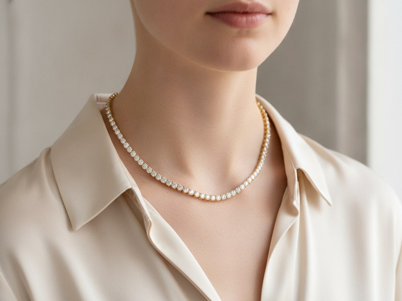 Diamond tennis necklace worn at the collarbone — Alpha Jewelry OEM