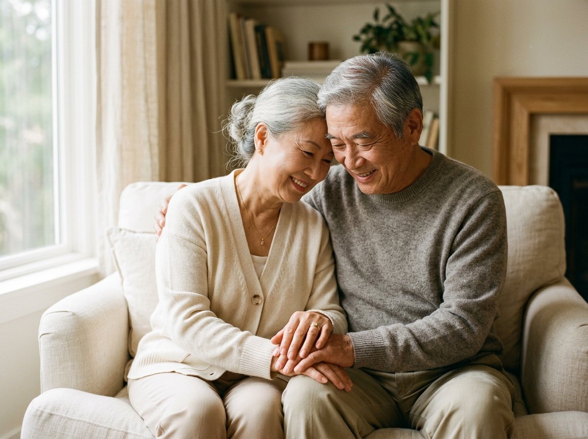 Warm elderly couple embrace — memorial diamond ashes to diamond keepsake emotion
